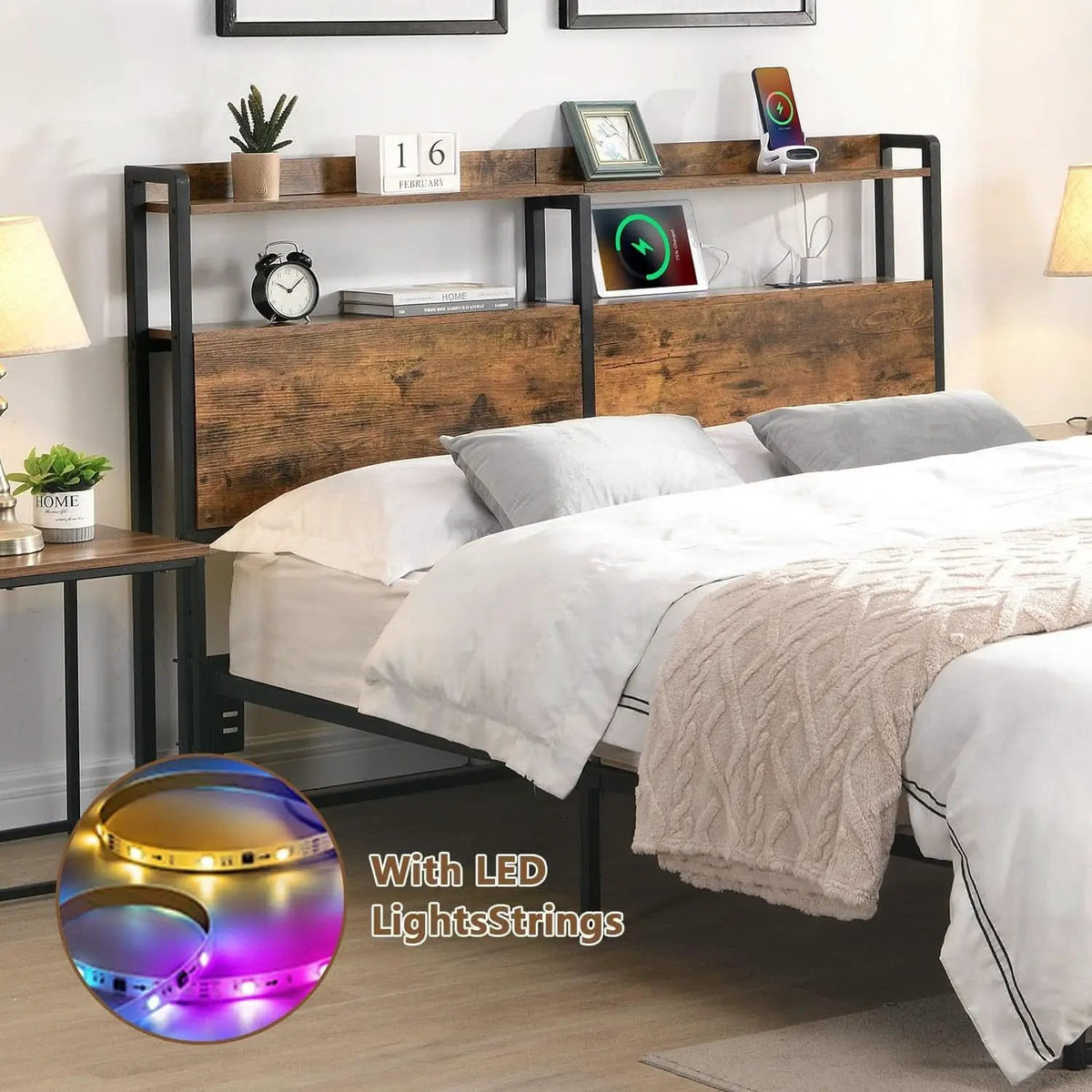 Queen Size Headboard with Storage and Charging Station from PriceLows™