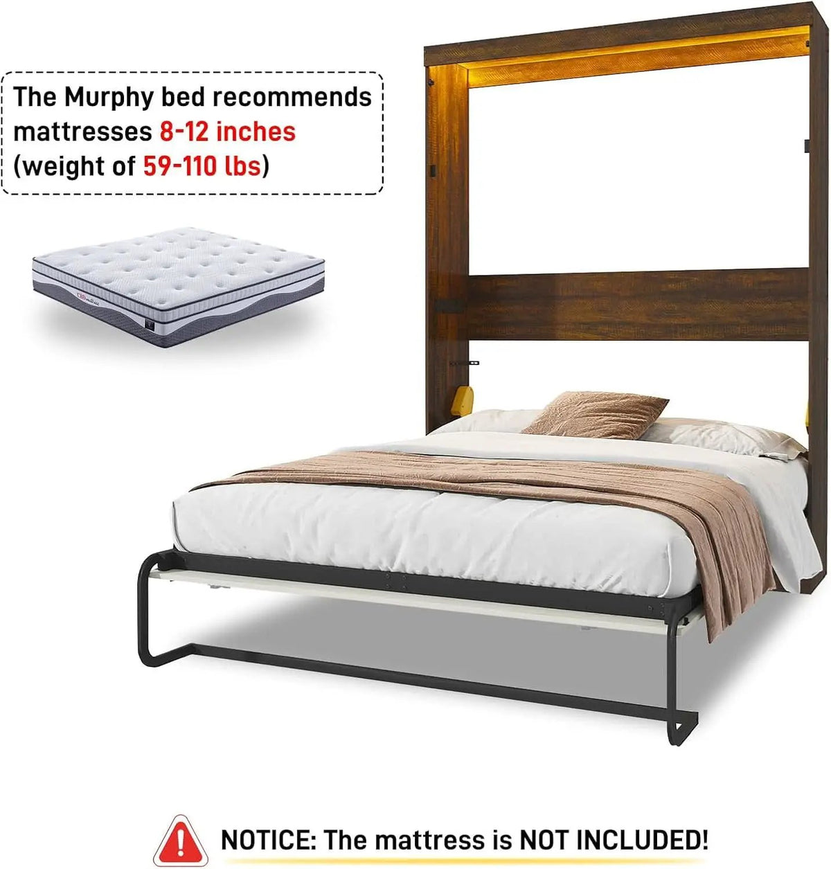 Queen Size Murphy Bed With LED Lights Rustic White Finish from PriceLows™