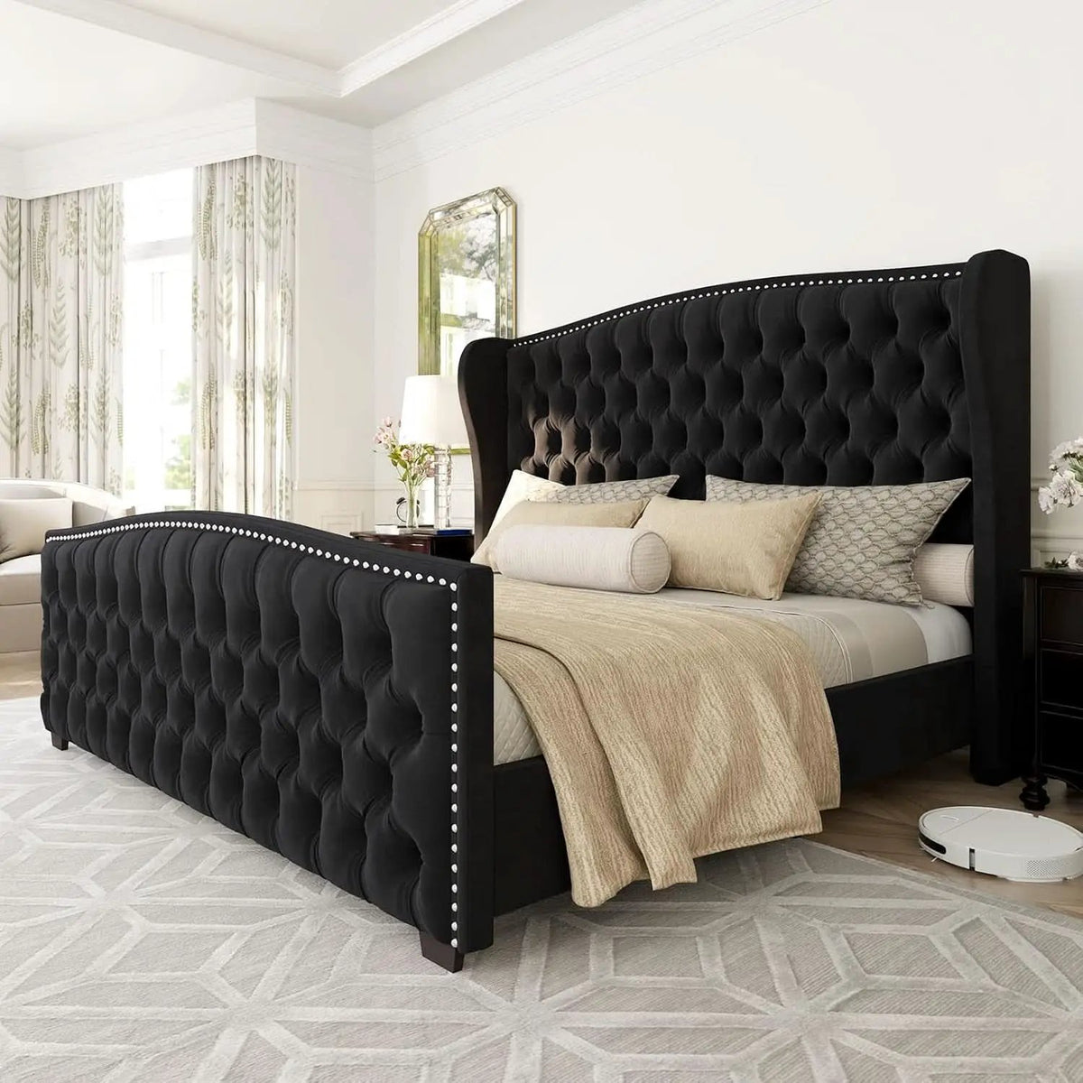 Queen Size Platform Bed Frame With Nailhead Trim Deluxe from PriceLows™