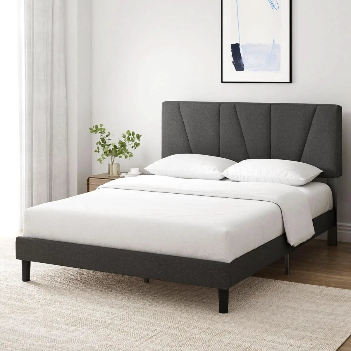 Queen Size Upholstered Bed Frame With Asymmetric Headboard from PriceLows™