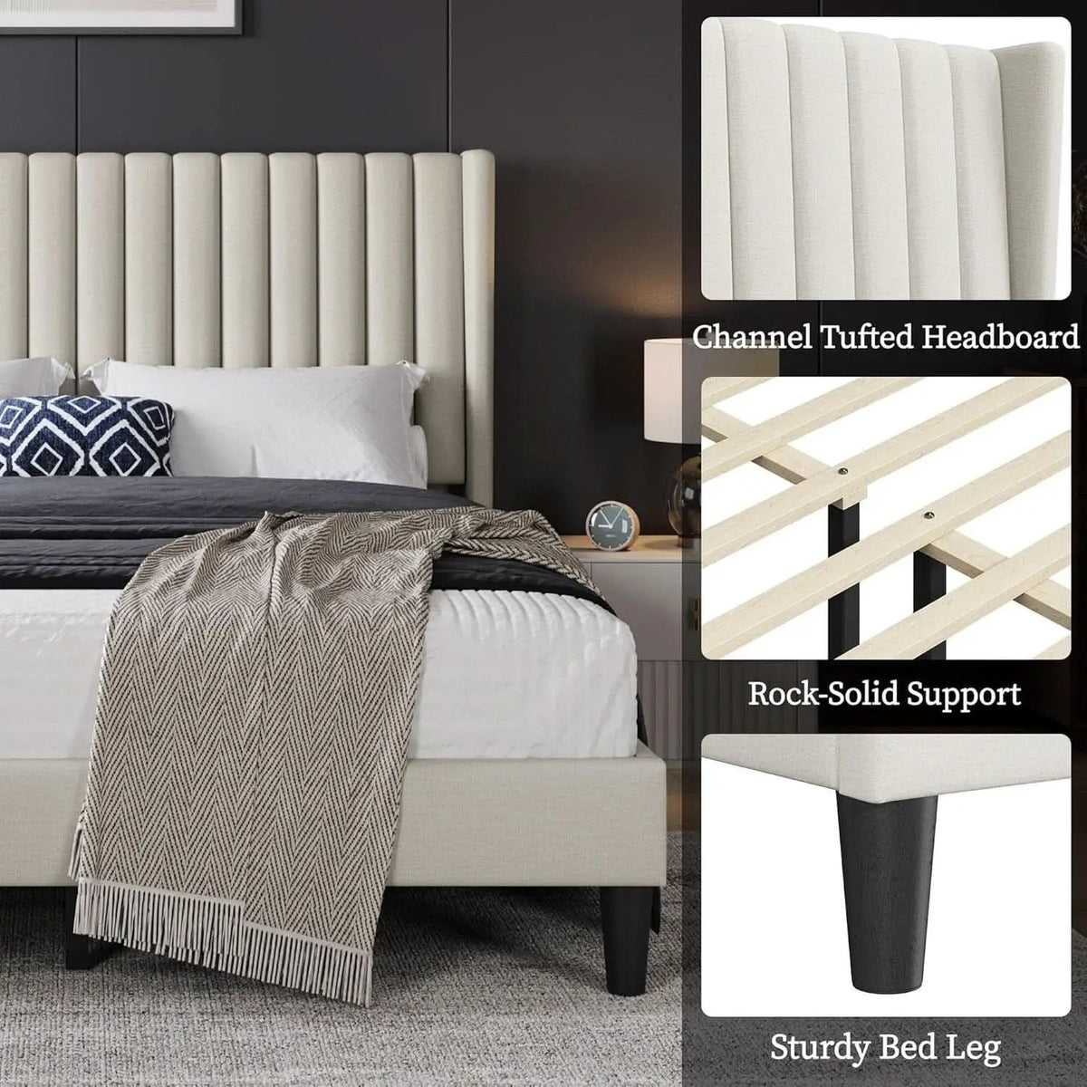 Queen Upholstered Platform Bed With Beige Headboard from PriceLows™