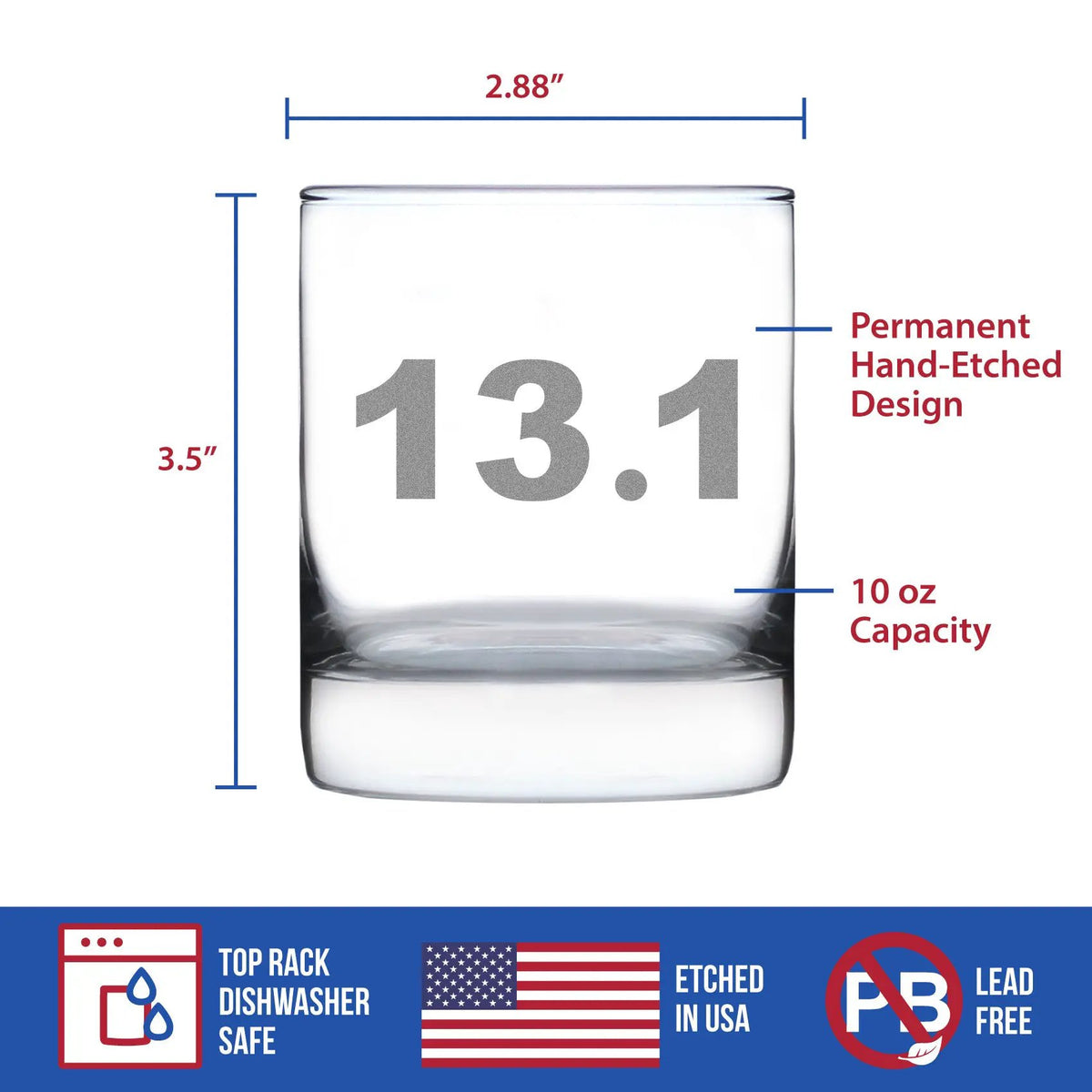 Half Marathon Whiskey Rocks Glass | 10 Oz | Hand Etched Design | Dishwasher Safe