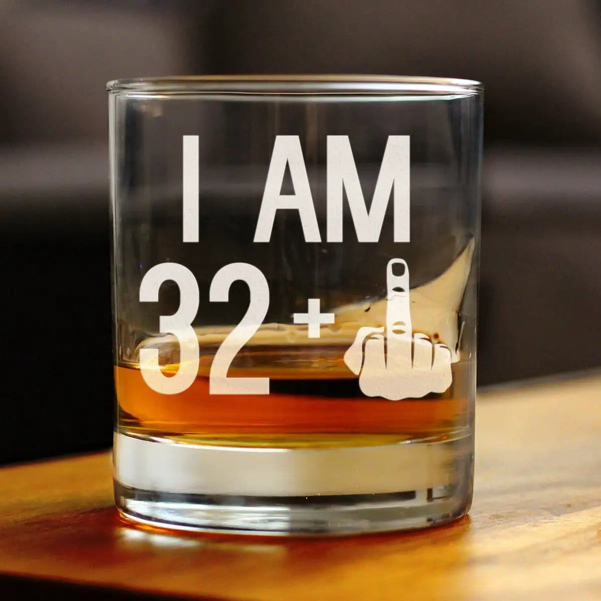 Etched Rocks Glass | 10 oz Whiskey Glass | Dishwasher Safe | 32 + 1 Middle Finger - Funny 33rd Birthday