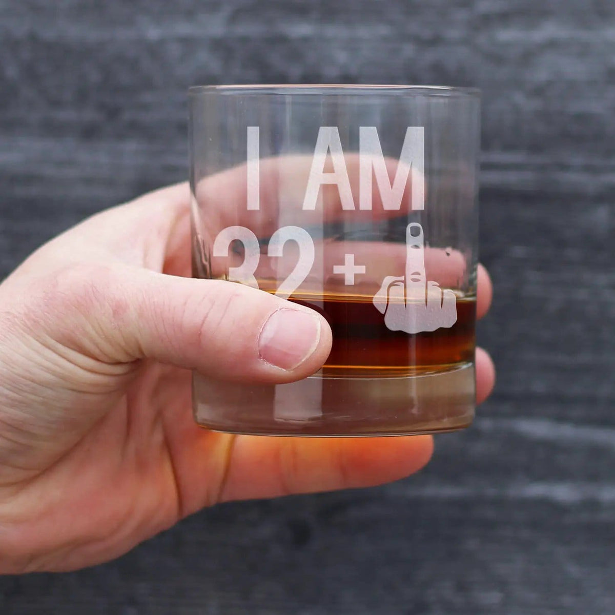 Etched Rocks Glass | 10 oz Whiskey Glass | Dishwasher Safe | 32 + 1 Middle Finger - Funny 33rd Birthday