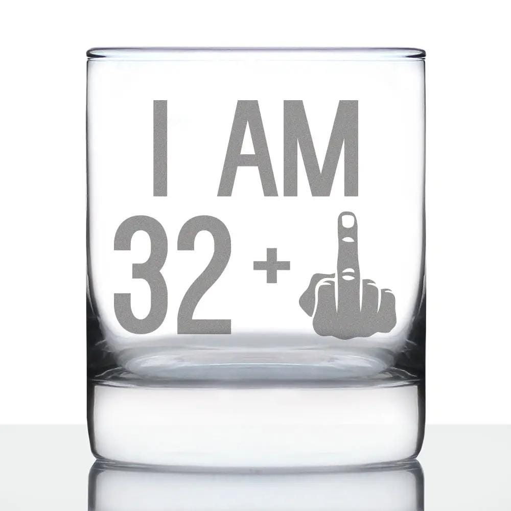 Etched Rocks Glass | 10 oz Whiskey Glass | Dishwasher Safe | 32 + 1 Middle Finger - Funny 33rd Birthday