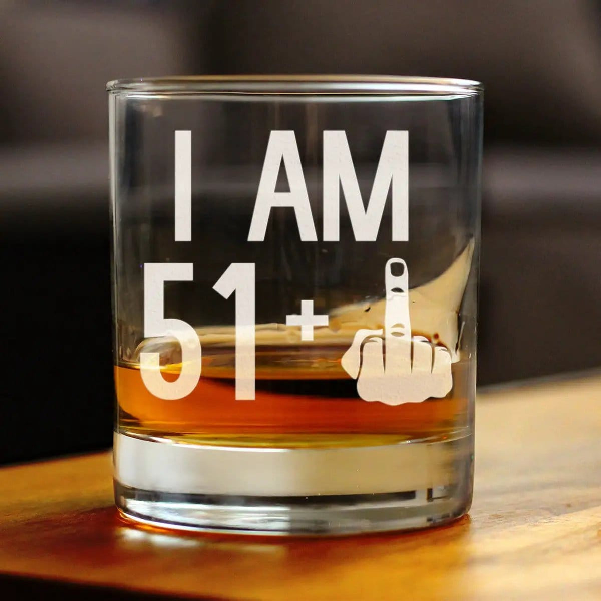 Etched Rocks Glass | 10 oz Whiskey Glass | Dishwasher Safe | 51 + 1 Middle Finger - Funny 52nd Birthday