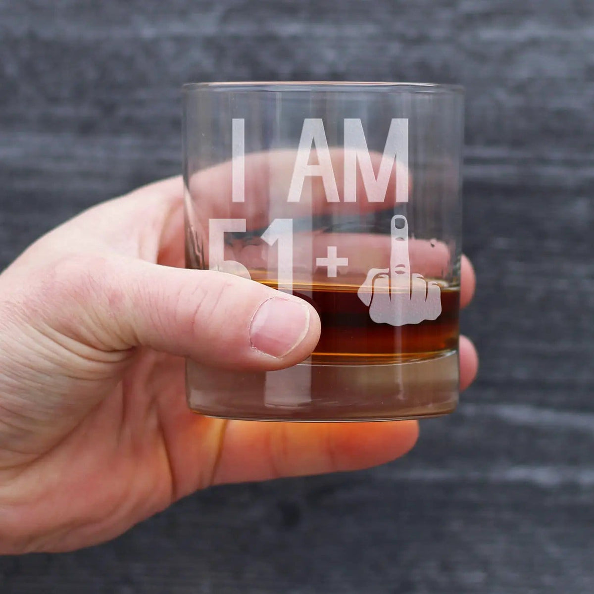Etched Rocks Glass | 10 oz Whiskey Glass | Dishwasher Safe | 51 + 1 Middle Finger - Funny 52nd Birthday
