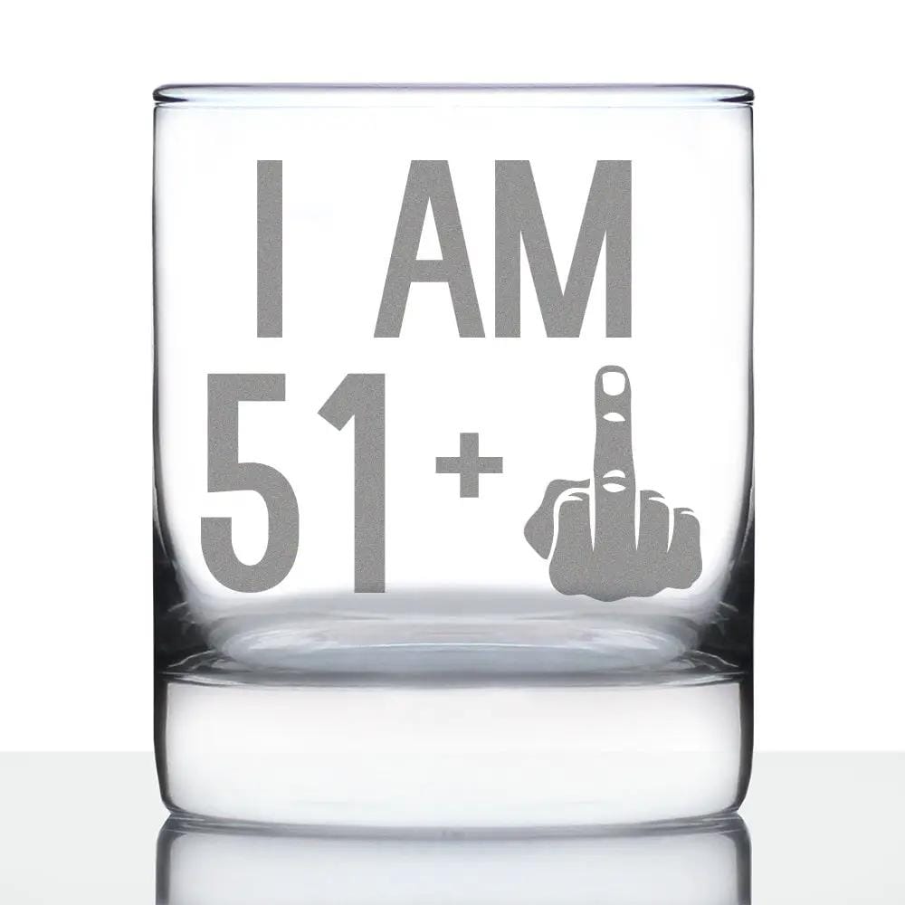 Etched Rocks Glass | 10 oz Whiskey Glass | Dishwasher Safe | 51 + 1 Middle Finger - Funny 52nd Birthday
