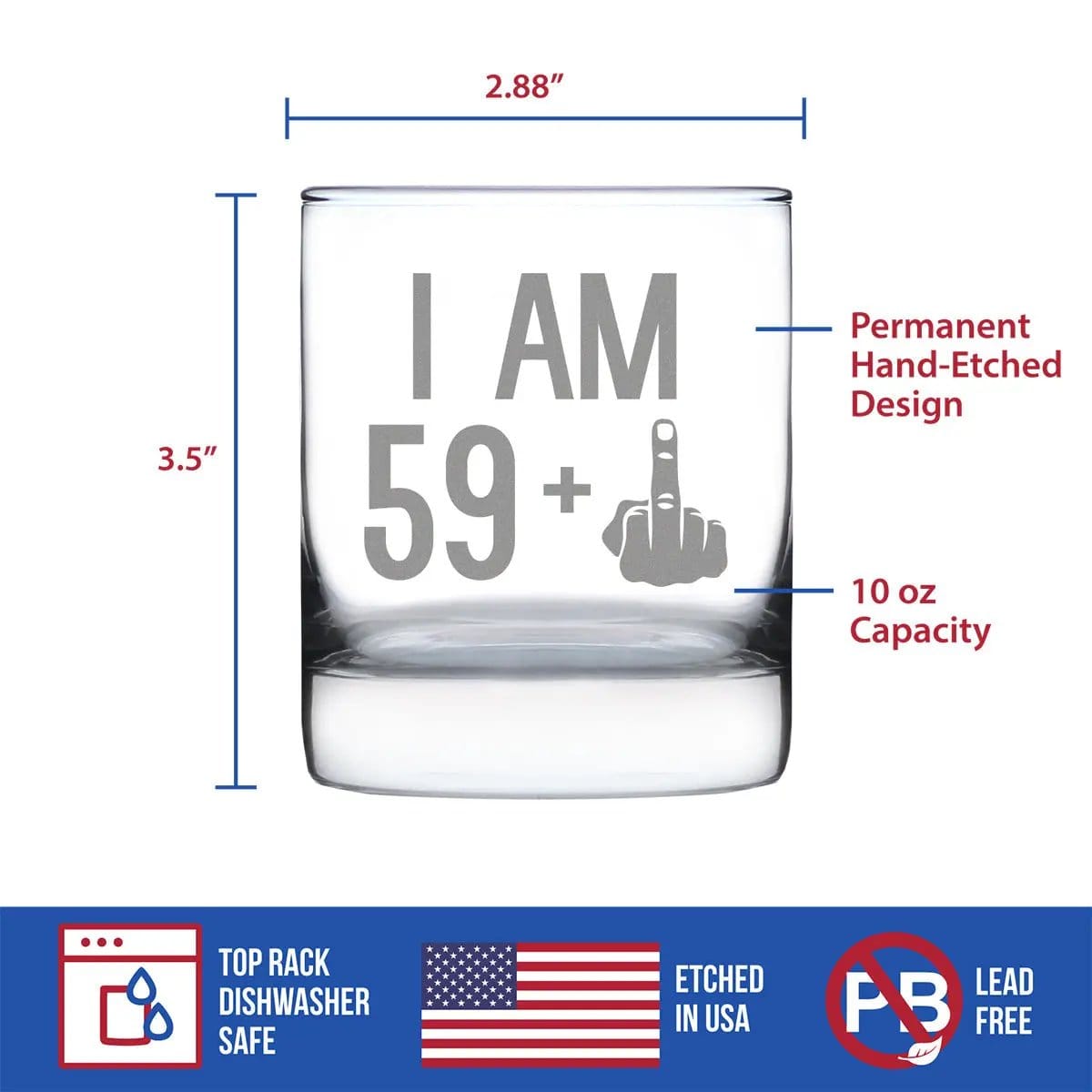 Etched Rocks Glass | 10 oz Whiskey Glass | Dishwasher Safe | 59 + 1 Middle Finger - Funny 60th Birthday