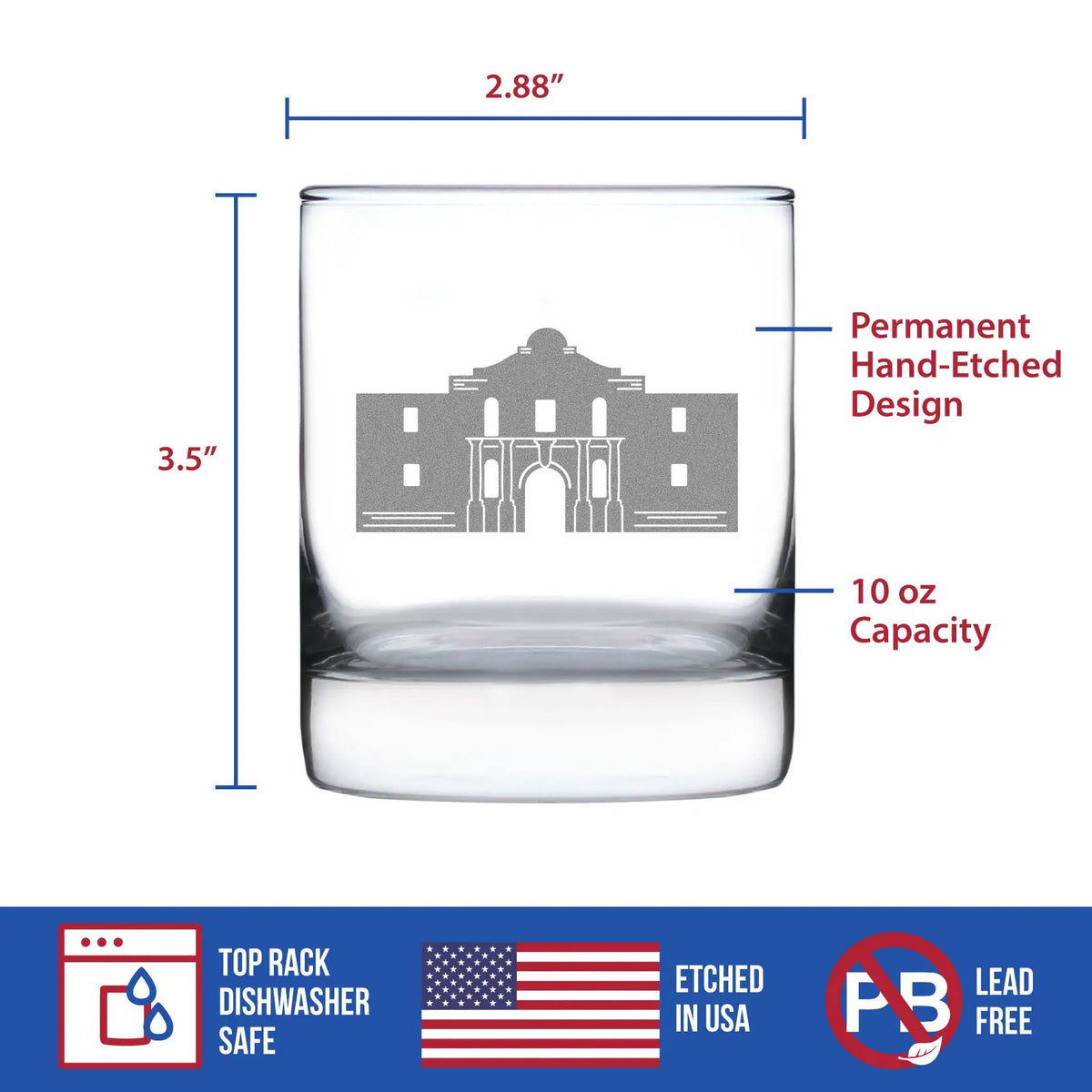 Alamo Whiskey Rocks Glass | 10 Oz | Hand Etched Design | Dishwasher Safe