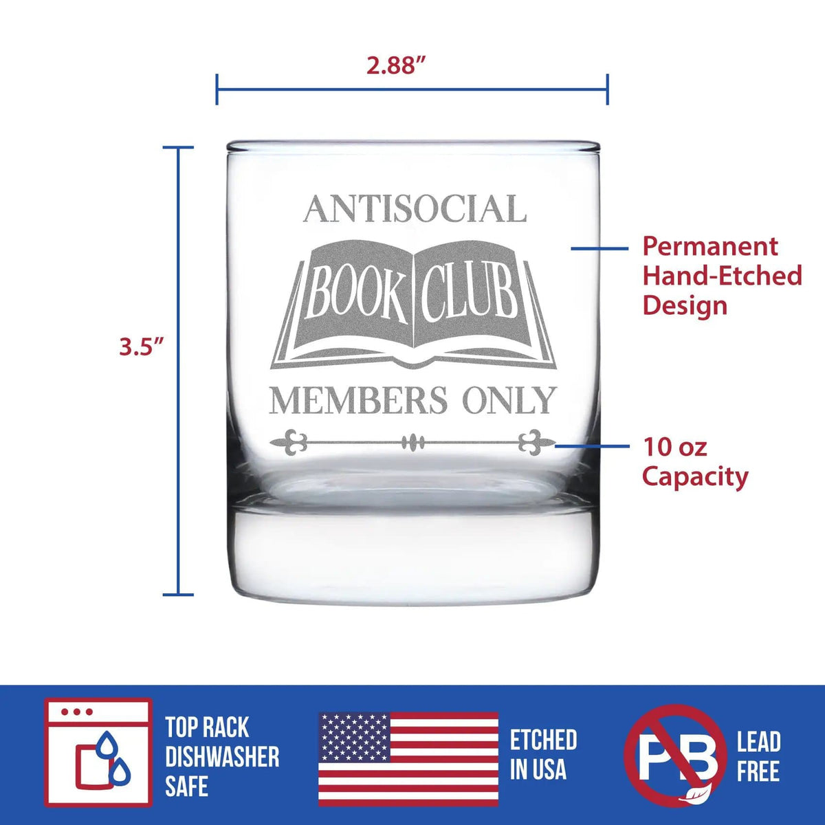 Etched Rocks Glass | 10.25 oz Whiskey Glass | Dishwasher Safe | Antisocial Book Club Engraved