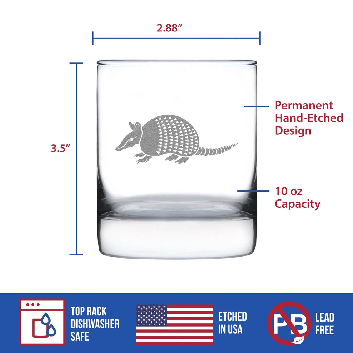 Etched Rocks Glass | 10.25 oz Whiskey Glass | Dishwasher Safe | Armadillo Engraved