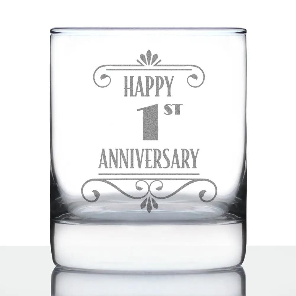Etched Rocks Glass | 10.25 oz Whiskey Glass | Dishwasher Safe | Happy 1st Anniversary Engraved