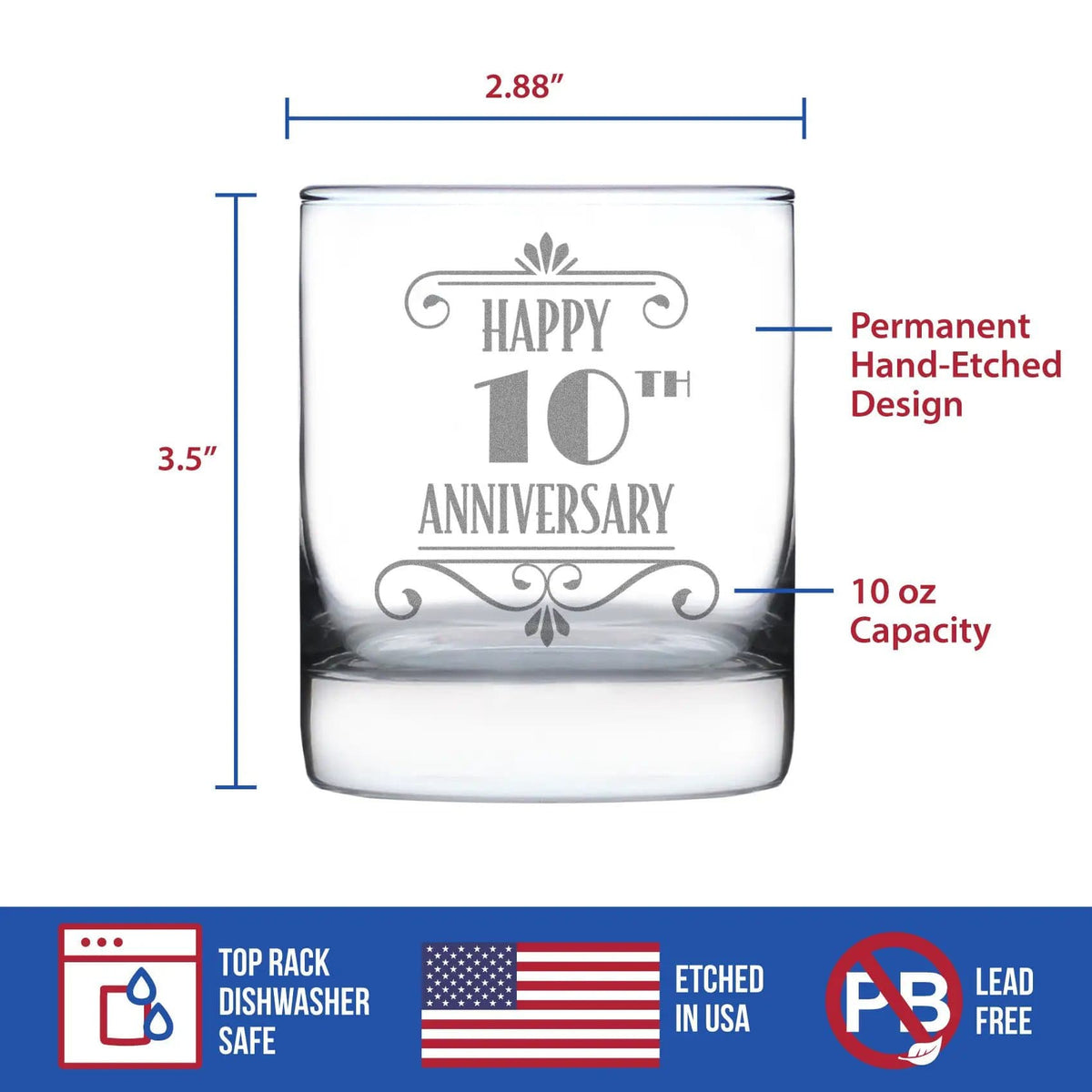 Etched Rocks Glass | 10.25 oz Whiskey Glass | Dishwasher Safe | Happy 10th Anniversary Engraved