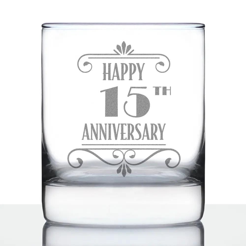 Etched Rocks Glass | 10.25 oz Whiskey Glass | Dishwasher Safe | Happy 15th Anniversary Engraved