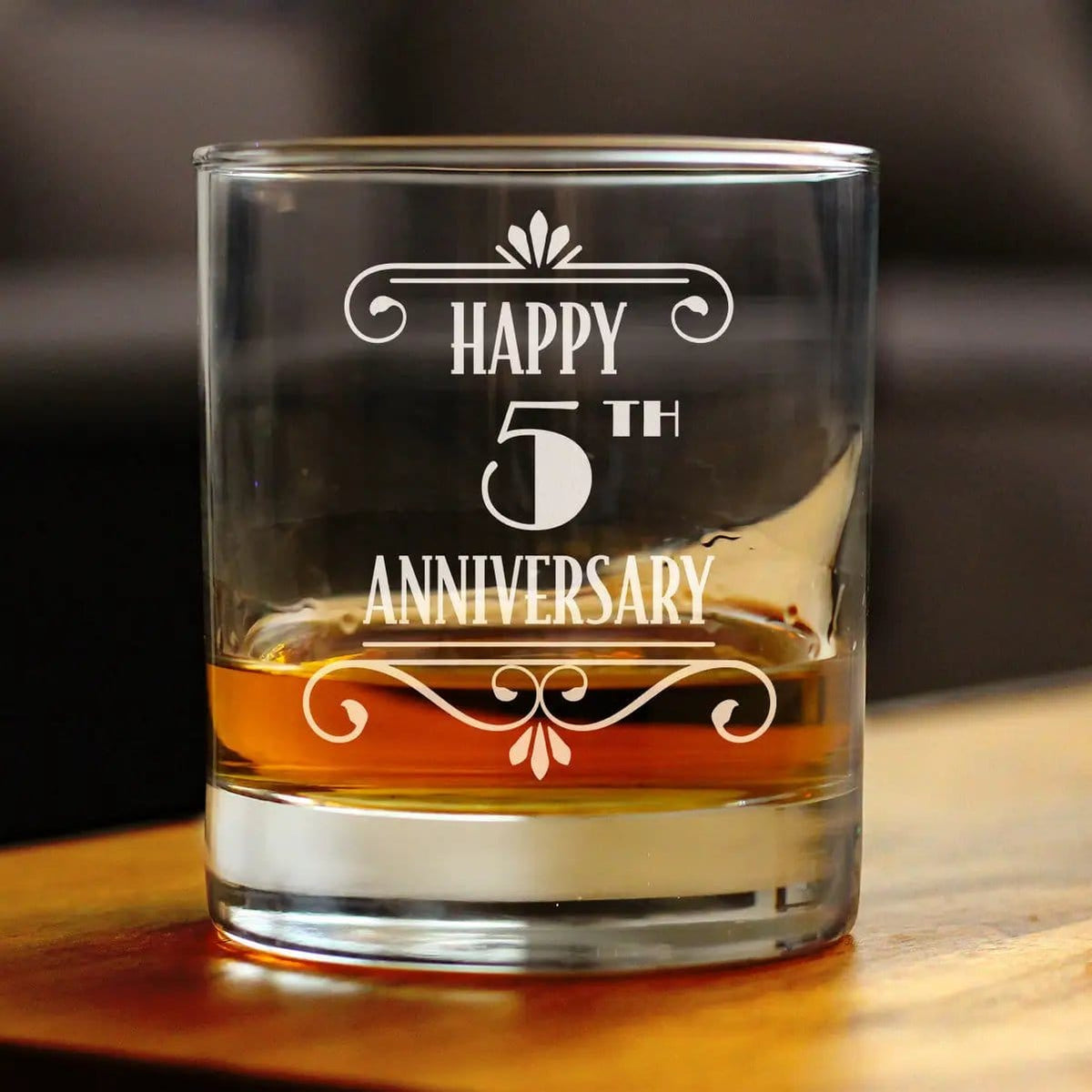 Etched Rocks Glass | 10.25 oz Whiskey Glass | Dishwasher Safe | Happy 5th Anniversary Engraved