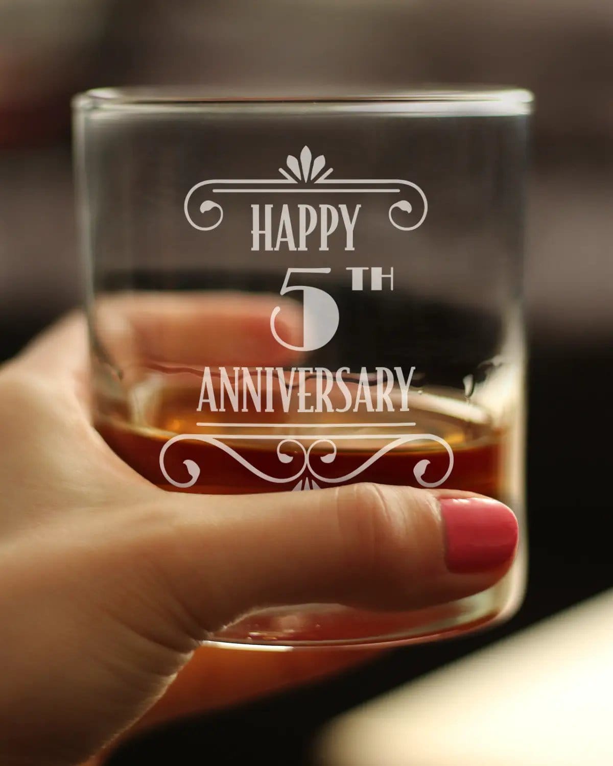 Etched Rocks Glass | 10.25 oz Whiskey Glass | Dishwasher Safe | Happy 5th Anniversary Engraved