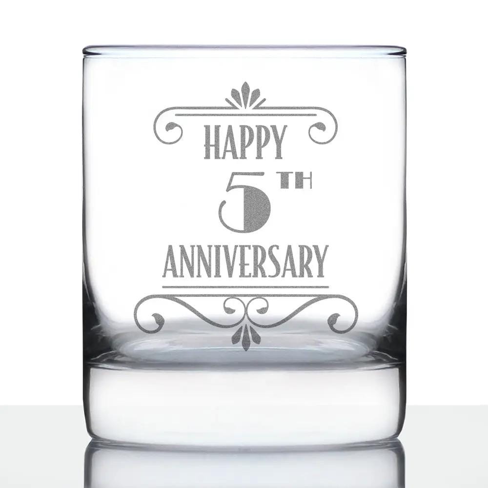 Etched Rocks Glass | 10.25 oz Whiskey Glass | Dishwasher Safe | Happy 5th Anniversary Engraved