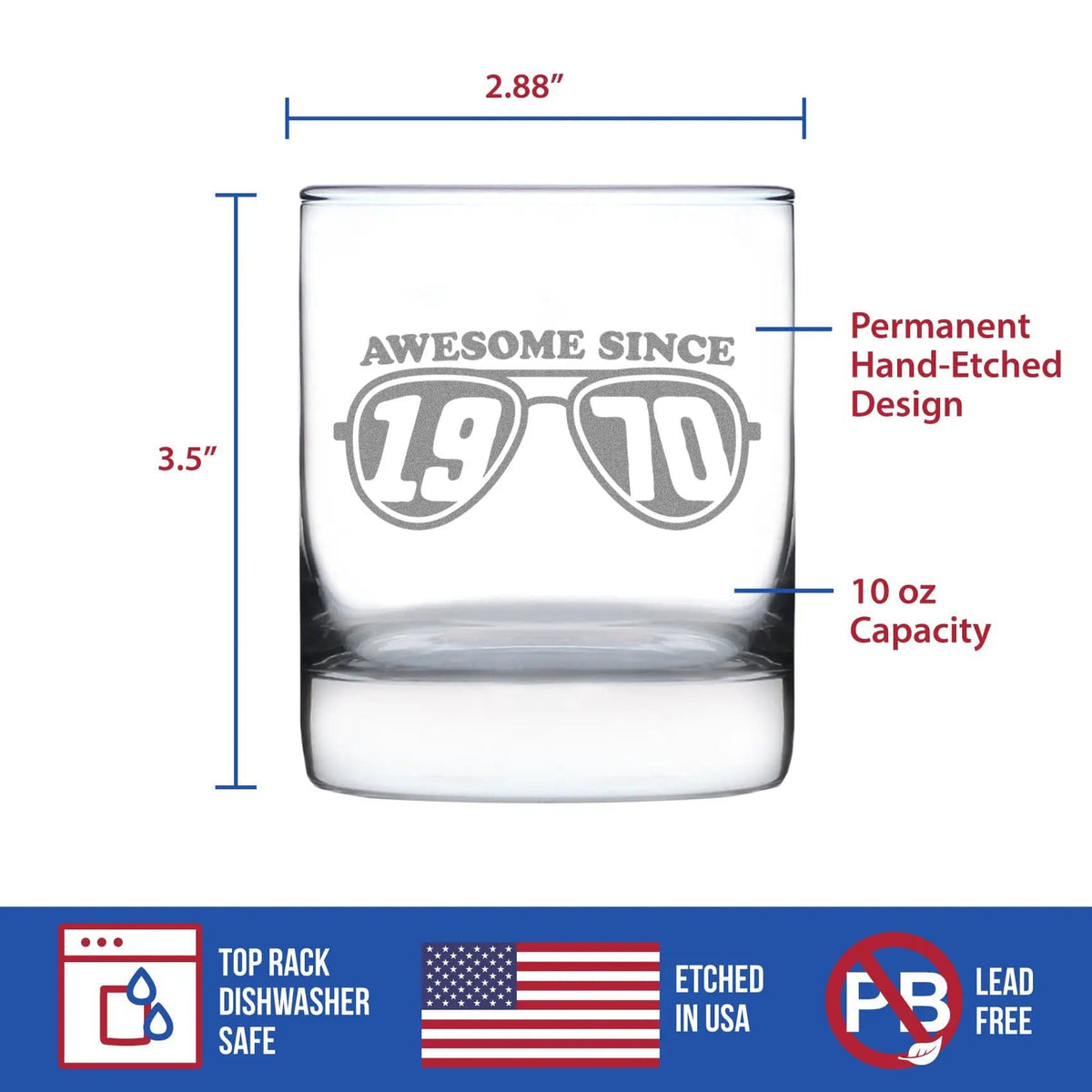 Etched Rocks Glass | 10.25 oz Whiskey Glass | Dishwasher Safe | Awesome Since 1970 Engraved