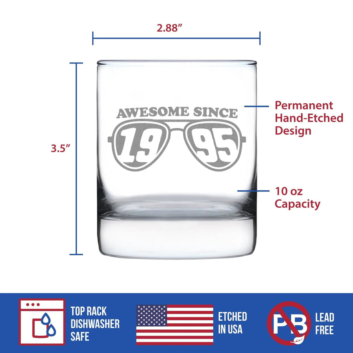 Etched Rocks Glass | 10.25 oz Whiskey Glass | Dishwasher Safe | Awesome Since 1995 Engraved