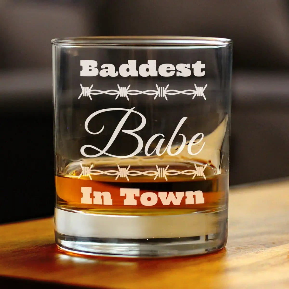 Etched Rocks Glass | 10.25 oz Whiskey Glass | Dishwasher Safe | Baddest Babe in Town Engraved