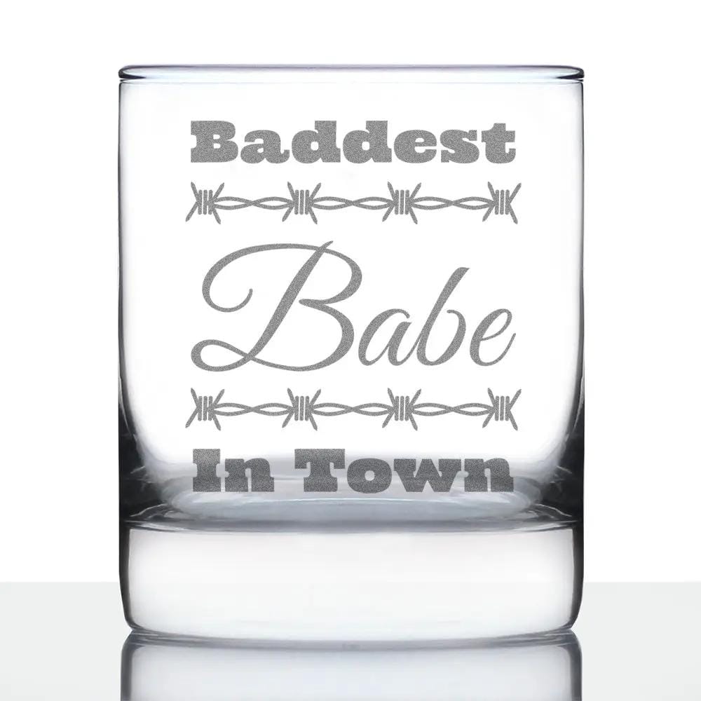 Etched Rocks Glass | 10.25 oz Whiskey Glass | Dishwasher Safe | Baddest Babe in Town Engraved
