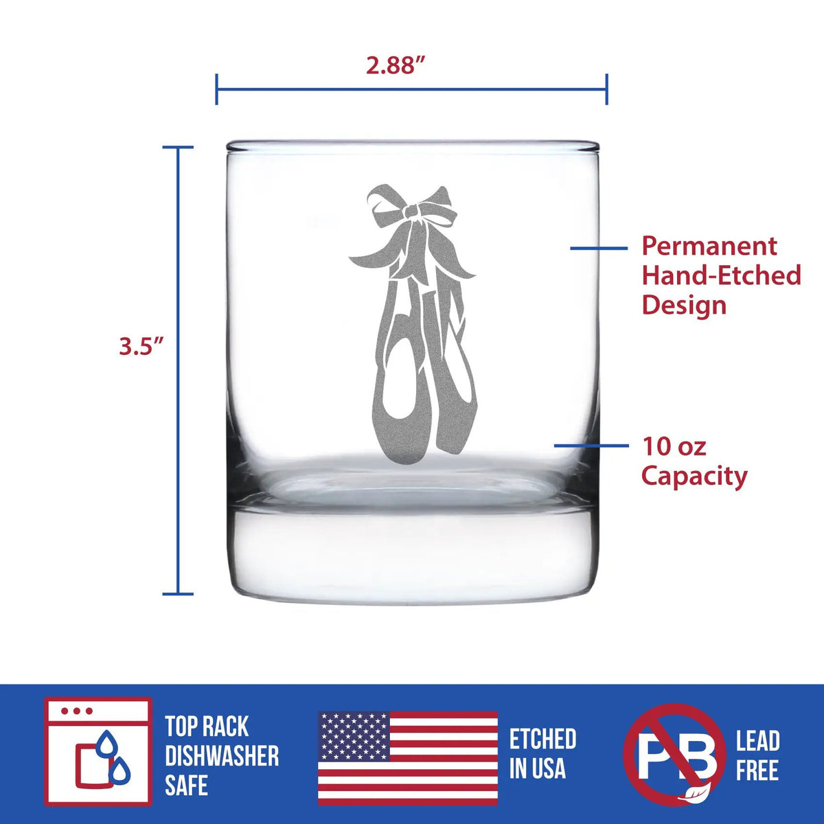 Whiskey Rocks Glass | Ballet Shoe Etching | 10 Oz Capacity