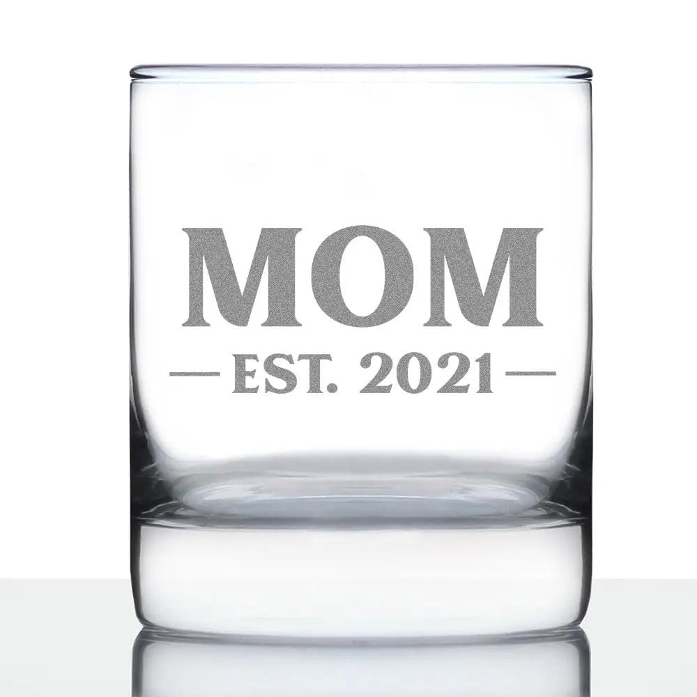 Etched Rocks Glass | 10 oz Whiskey Glass | Dishwasher Safe | Mom Est. 2021 - Bold