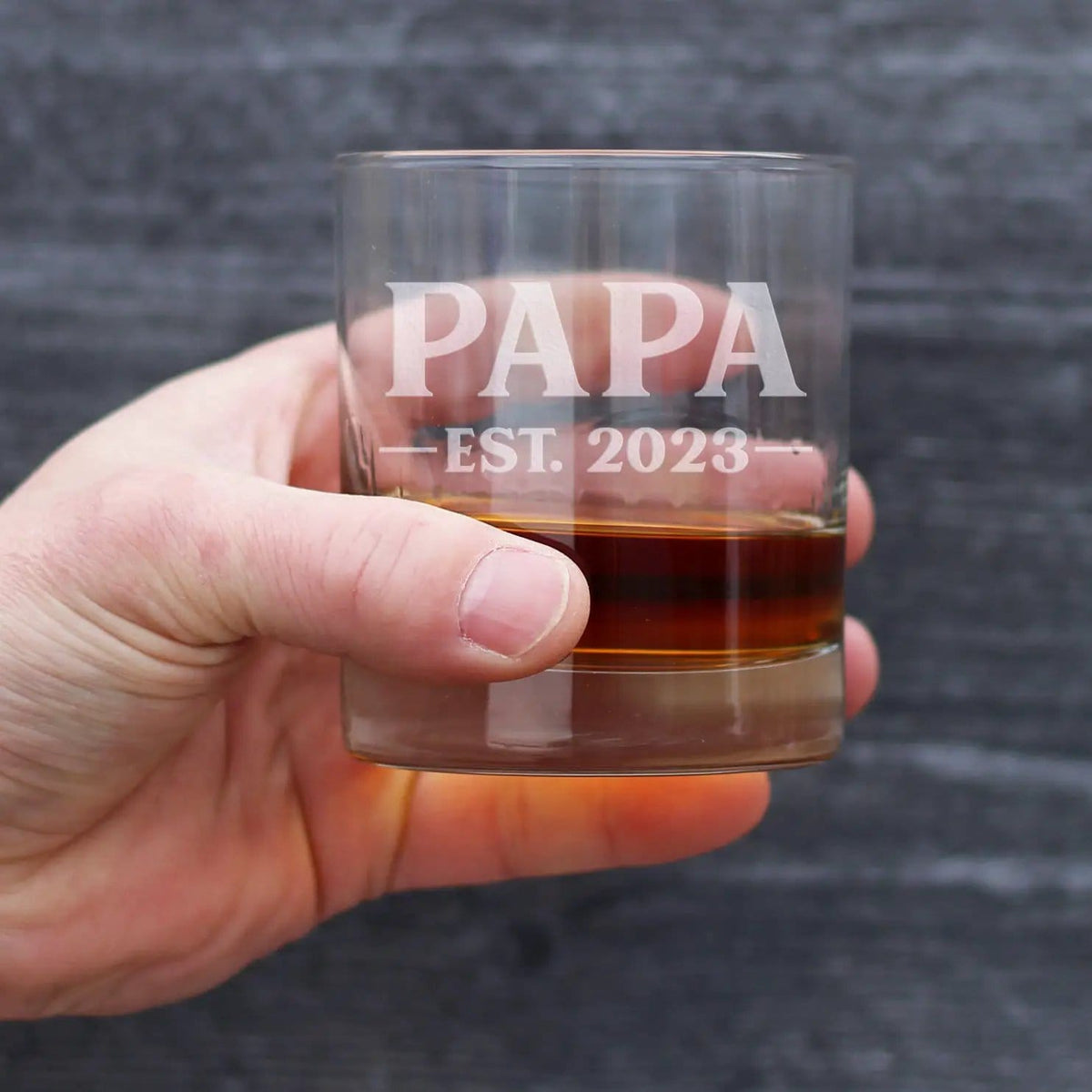 Etched Rocks Glass | 10 oz Whiskey Glass | Dishwasher Safe | Papa Est. 2023 - Bold