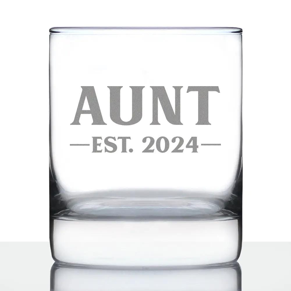 Etched Rocks Glass | 10.25 oz Whiskey Glass | Dishwasher Safe | Aunt Est 2024 - New Aunties