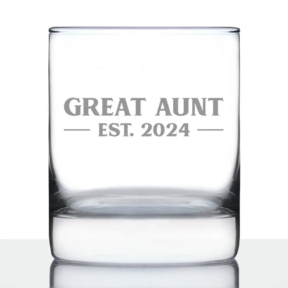 Etched Rocks Glass | 10.25 oz Whiskey Glass | Dishwasher Safe | Great Aunt Est 2024 - New Great Aunts (Style 2)