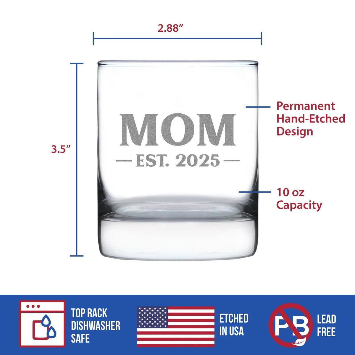 Whiskey Rocks Glass | Hand Etched | 10 Ounce | Mom Est 2025