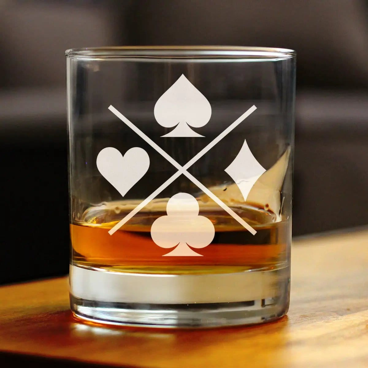 Etched Rocks Glass | 10.25 oz Whiskey Glass | Dishwasher Safe | Card Suits Engraved