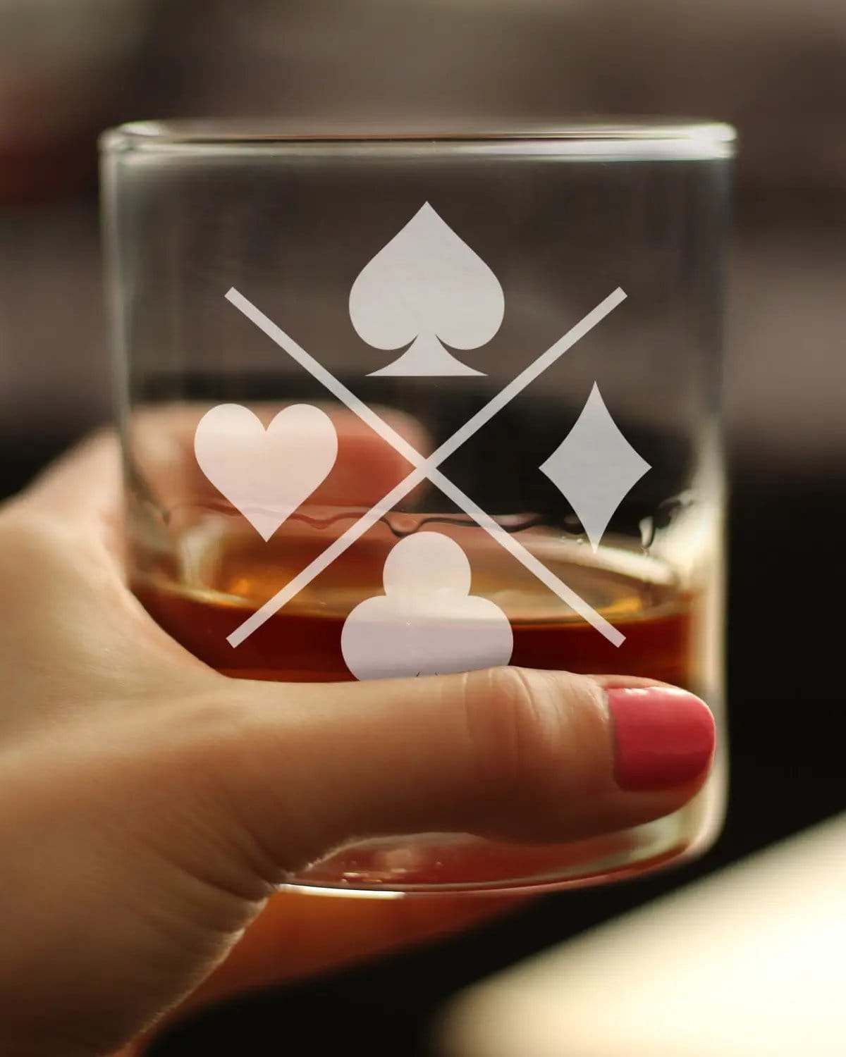 Etched Rocks Glass | 10.25 oz Whiskey Glass | Dishwasher Safe | Card Suits Engraved