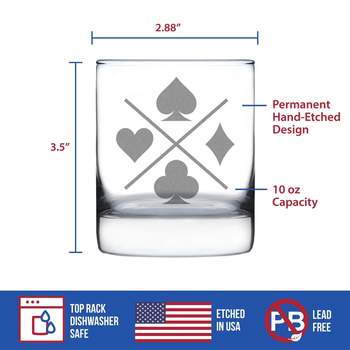 Etched Rocks Glass | 10.25 oz Whiskey Glass | Dishwasher Safe | Card Suits Engraved