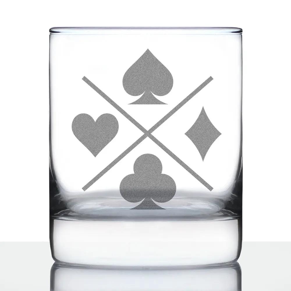 Etched Rocks Glass | 10.25 oz Whiskey Glass | Dishwasher Safe | Card Suits Engraved