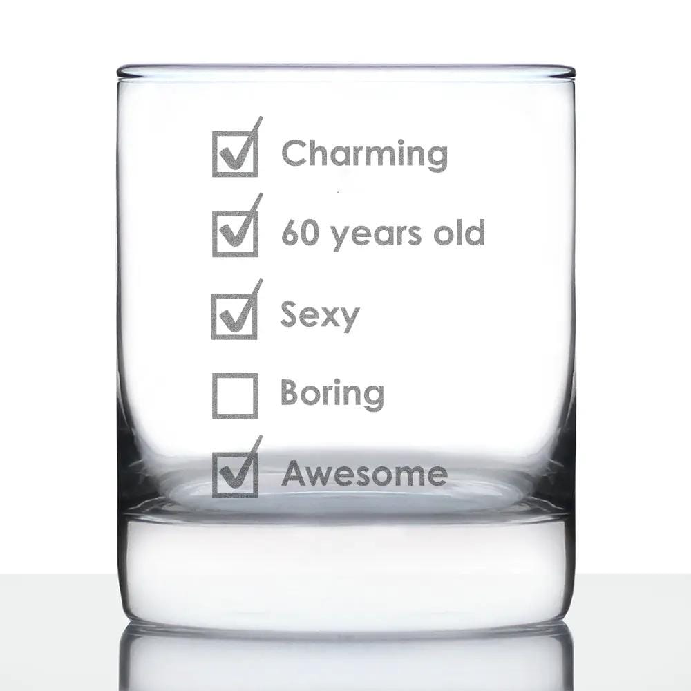 Etched Rocks Glass | 10.25 oz Whiskey Glass | Dishwasher Safe | 60th Birthday Checklist