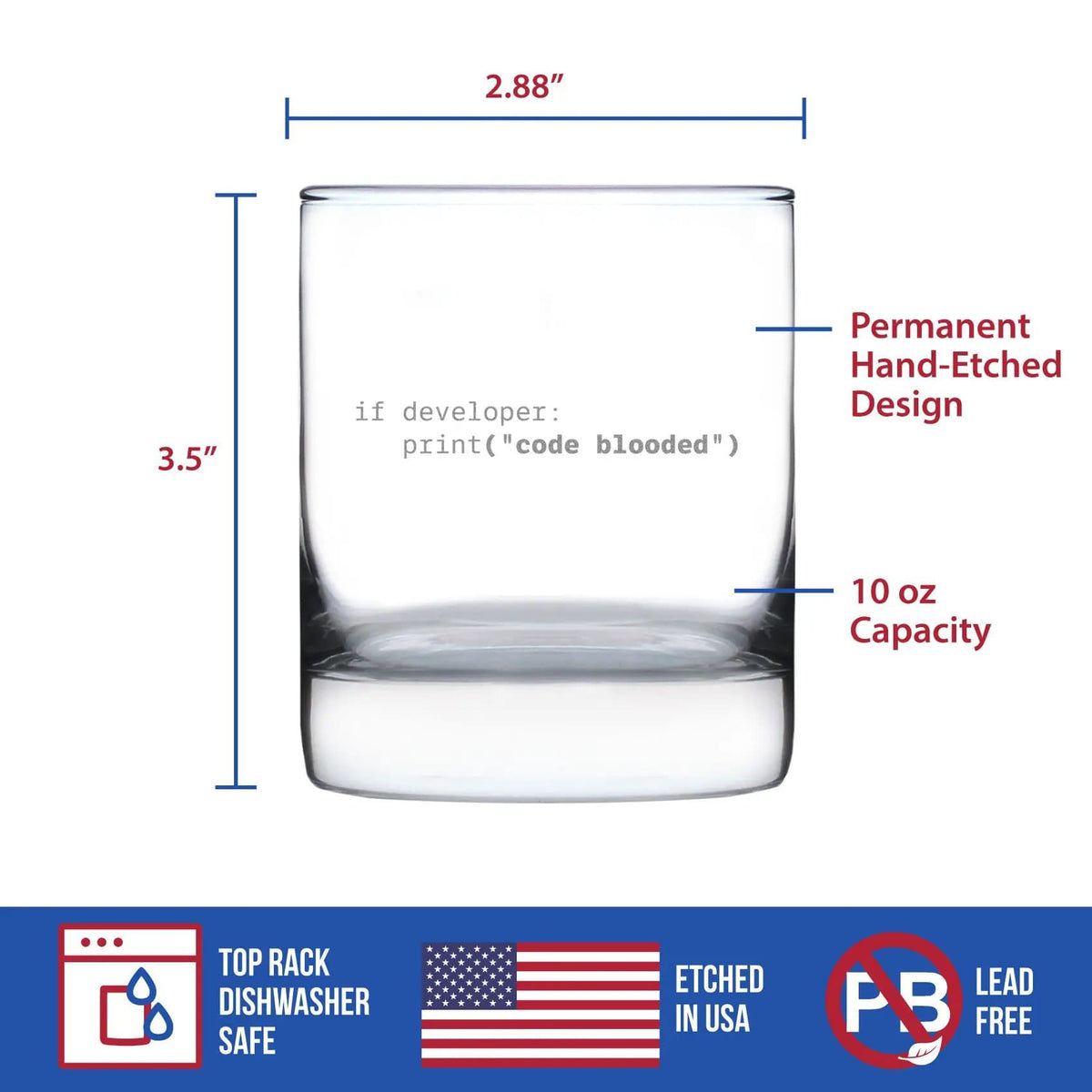 Etched Rocks Glass | 10.25 oz Whiskey Glass | Dishwasher Safe | Code Blooded Engraved