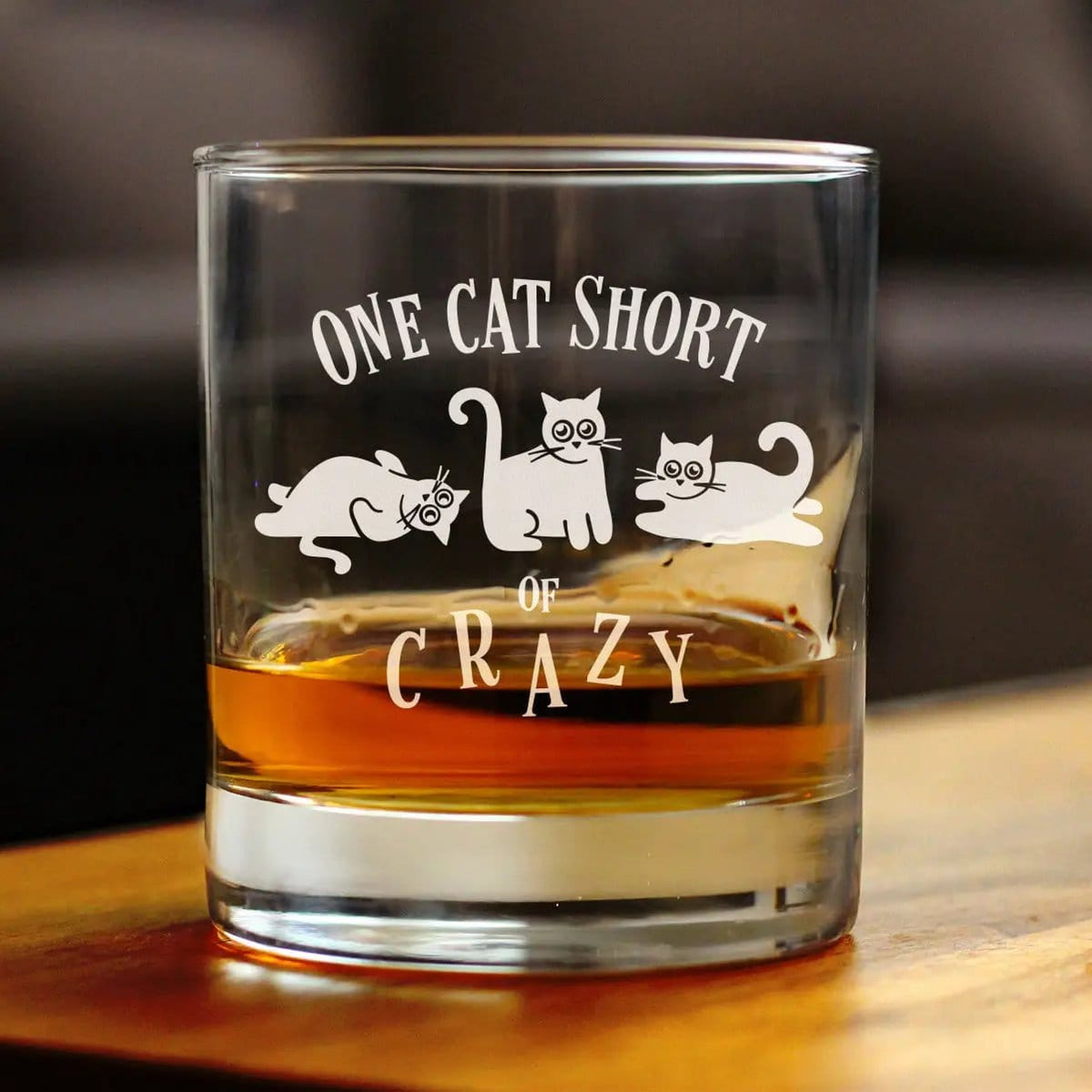 Etched Rocks Glass | 10.25 oz Whiskey Glass | Dishwasher Safe | One Cat Short of Crazy