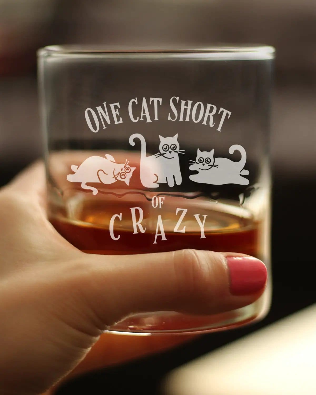 Etched Rocks Glass | 10.25 oz Whiskey Glass | Dishwasher Safe | One Cat Short of Crazy