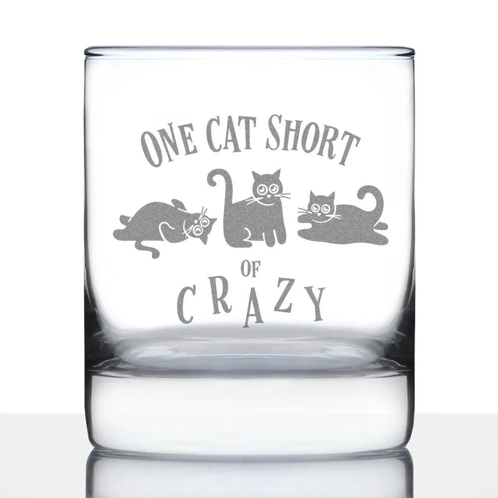 Etched Rocks Glass | 10.25 oz Whiskey Glass | Dishwasher Safe | One Cat Short of Crazy