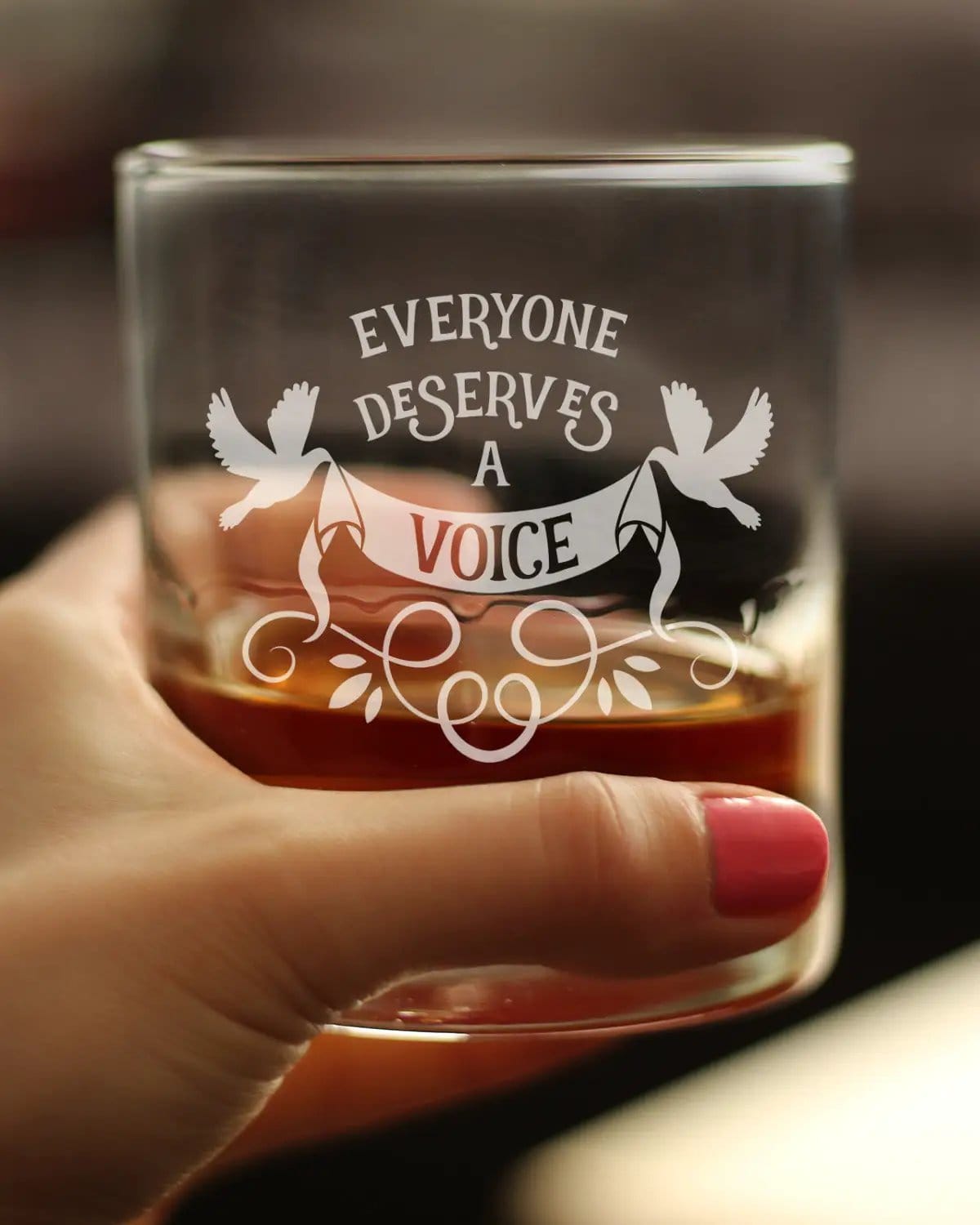 Etched Rocks Glass | 10.25 oz Whiskey Glass | Dishwasher Safe | Everyone Deserves A Voice Engraved