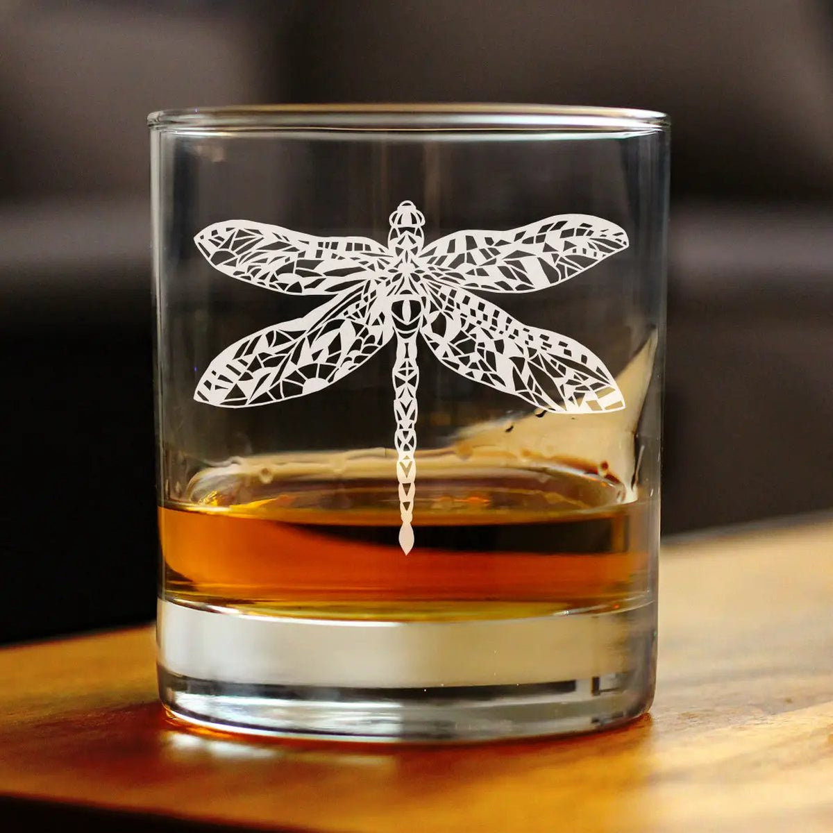 Dragonfly Whiskey Rocks Glass | Hand Etched | Clear Glass | 10 Ounce