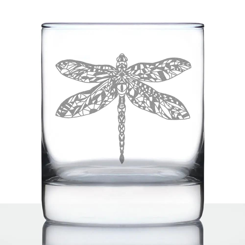 Dragonfly Whiskey Rocks Glass | Hand Etched | Clear Glass | 10 Ounce