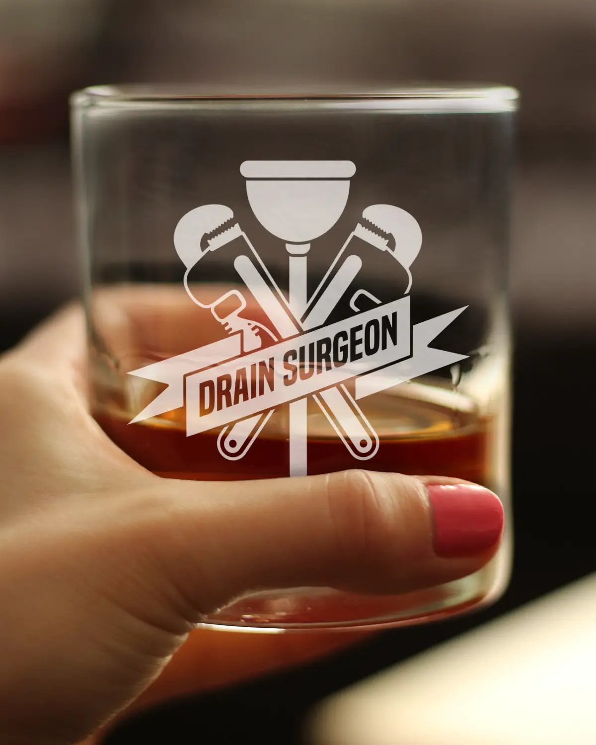 Rocks Glass | Hand Etched Design | Drain Surgeon Motif | 10 Oz