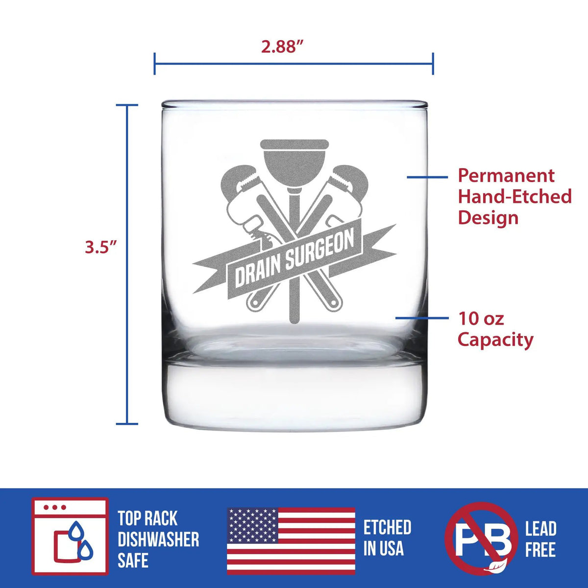 Rocks Glass | Hand Etched Design | Drain Surgeon Motif | 10 Oz