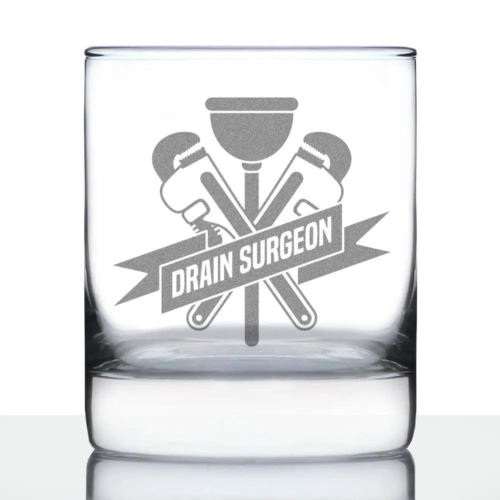 Rocks Glass | Hand Etched Design | Drain Surgeon Motif | 10 Oz