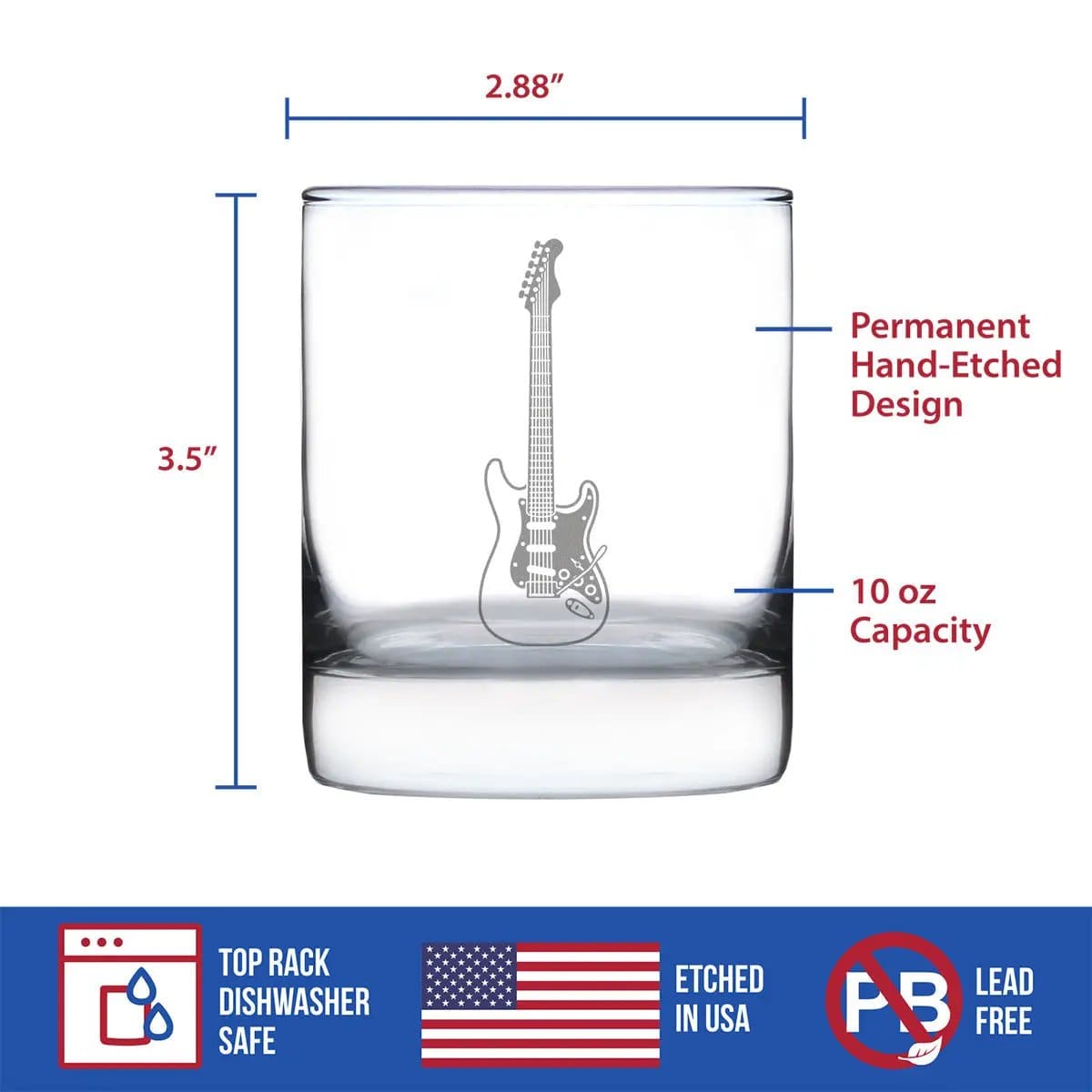 Etched Rocks Glass | 10.25 oz Whiskey Glass | Dishwasher Safe | Electric Guitar