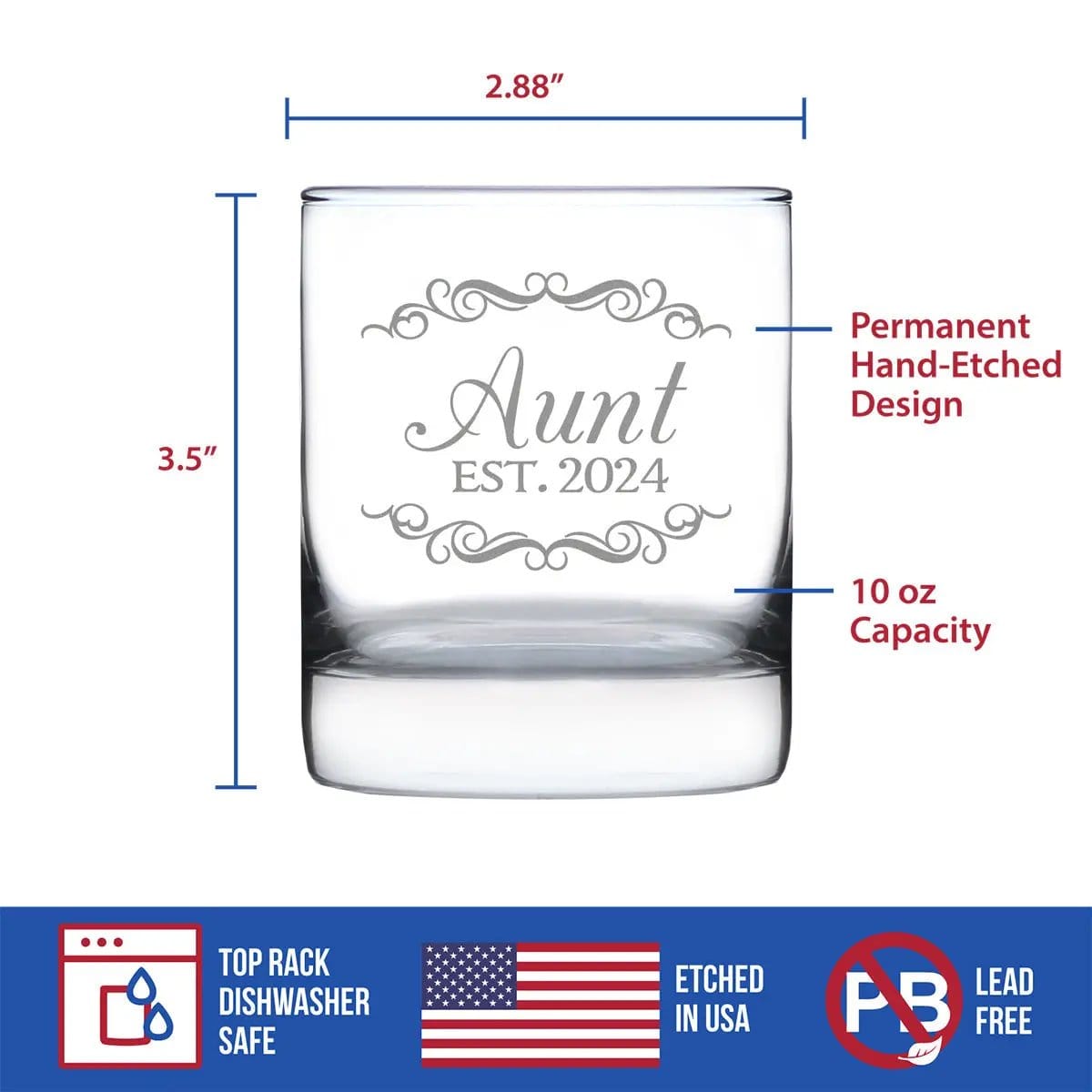 Etched Rocks Glass | 10.25 oz Whiskey Glass | Dishwasher Safe | Aunt Est 2024 - New Aunties (Style 2)