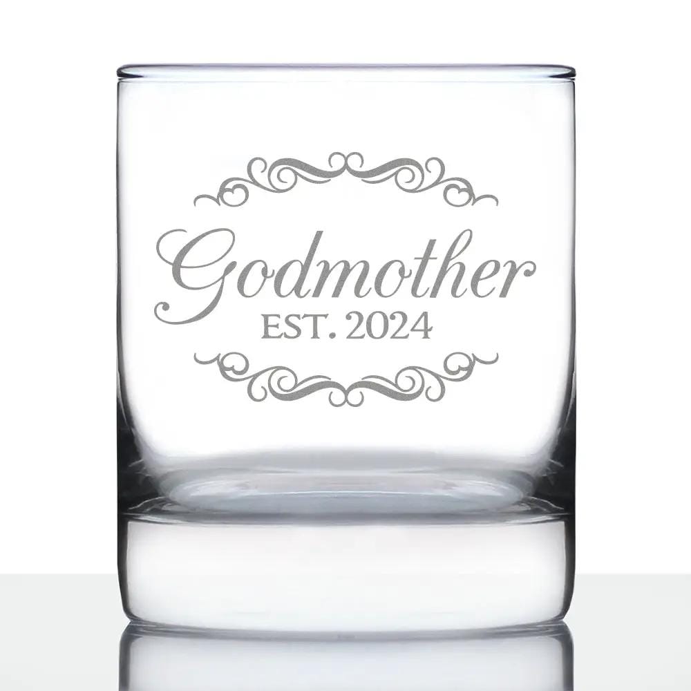 Etched Rocks Glass | 10.25 oz Whiskey Glass | Dishwasher Safe | Godmother Est 2024 - New Godmother (Style 2)